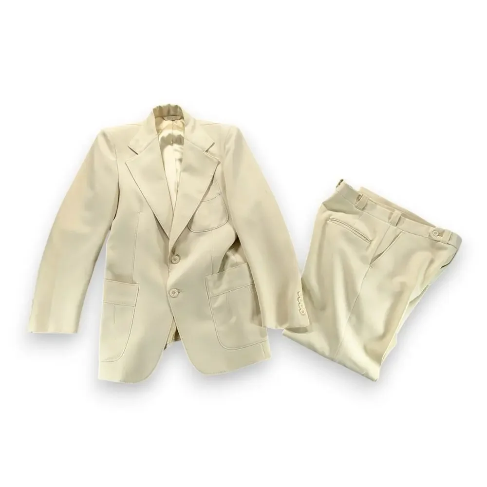 Vintage Suit Mens 36 31x30 Pants White Cream Ivory Disco Talon Union USA 2pc 70s